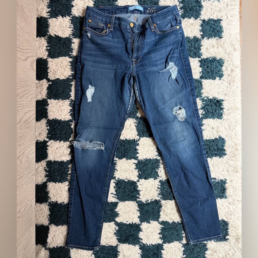 7 For All Mankind Dark Blue Distressed Skinny Jeans